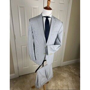 Ralph Lauren Seersucker Suit Blue Ivory Pinstripe 56L Blazer 50W 32L Pants Prep